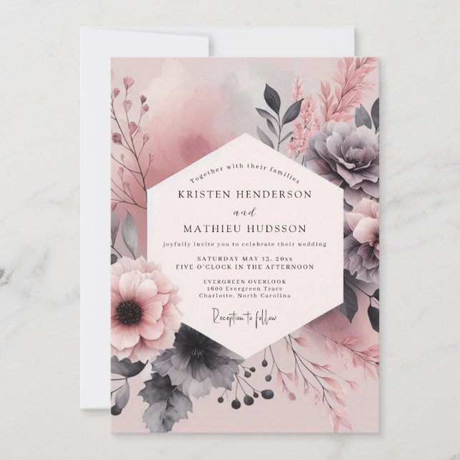 Invitación Boda Polvo de Rosa Carbón Floración (Anverso)