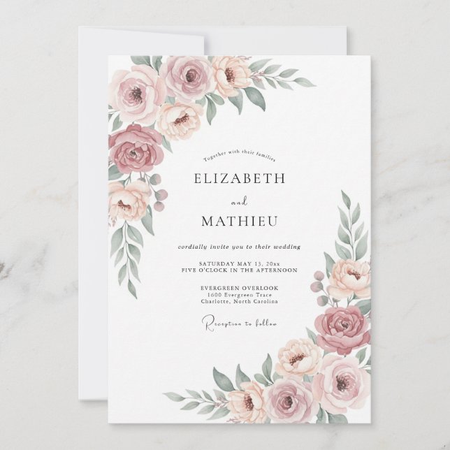 Invitación Boda Polvo de Rosa Malva Flor (Anverso)