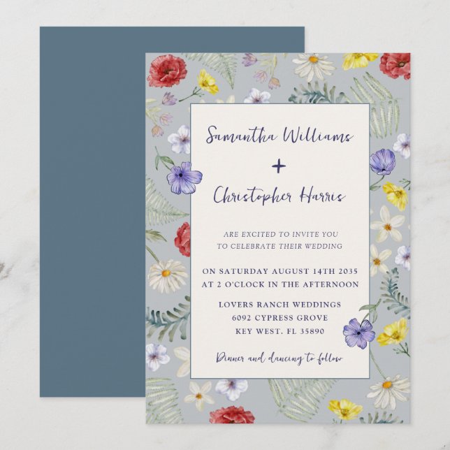 Invitación Boda Polvorienta Azul Salvaje y Caprichosa (Anverso / Reverso)