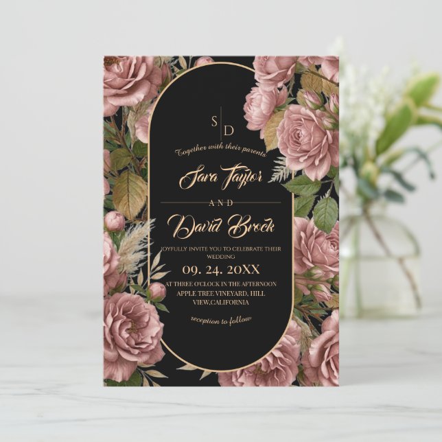 Invitación Boda Polvorienta Boho⎮Rosas Florales (Anverso de pie)