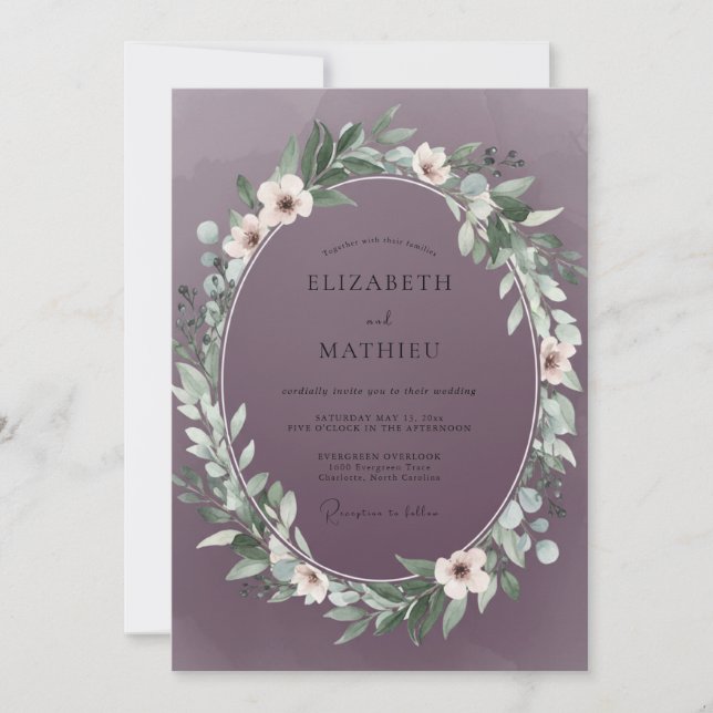 Invitación Boda Polvorienta de Hojas Moradas (Anverso)