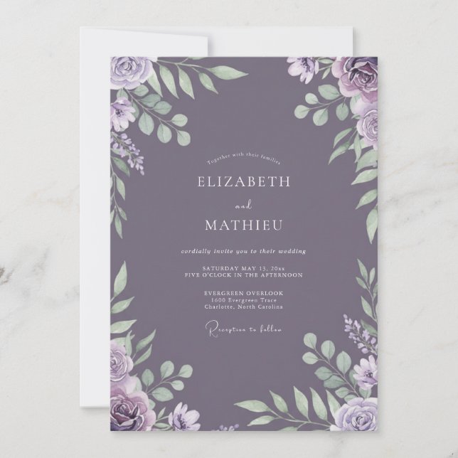 Invitación Boda Polvorienta de Lavanda con Hojas (Anverso)