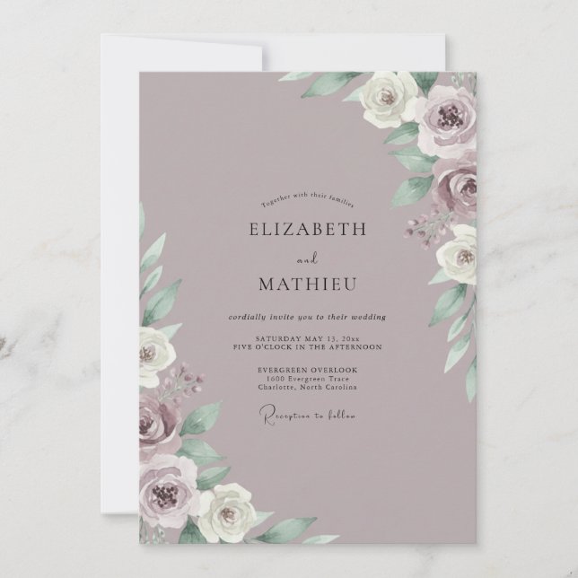 Invitación Boda Polvorienta de Lila con Hojas (Anverso)
