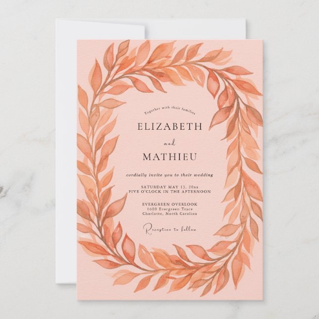 Invitación Boda Polvorienta de Terracota y Hojas (Anverso)