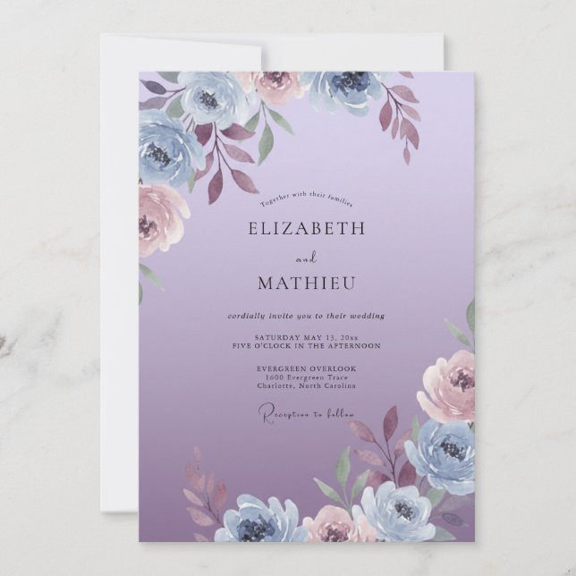 Invitación Boda Polvorienta Lavanda con Hojas de Periwinkle (Anverso)