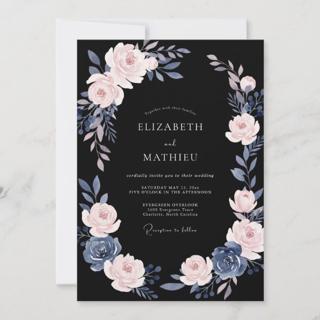 Invitación Boda Polvorienta Rosa Negra con Hojas (Anverso)