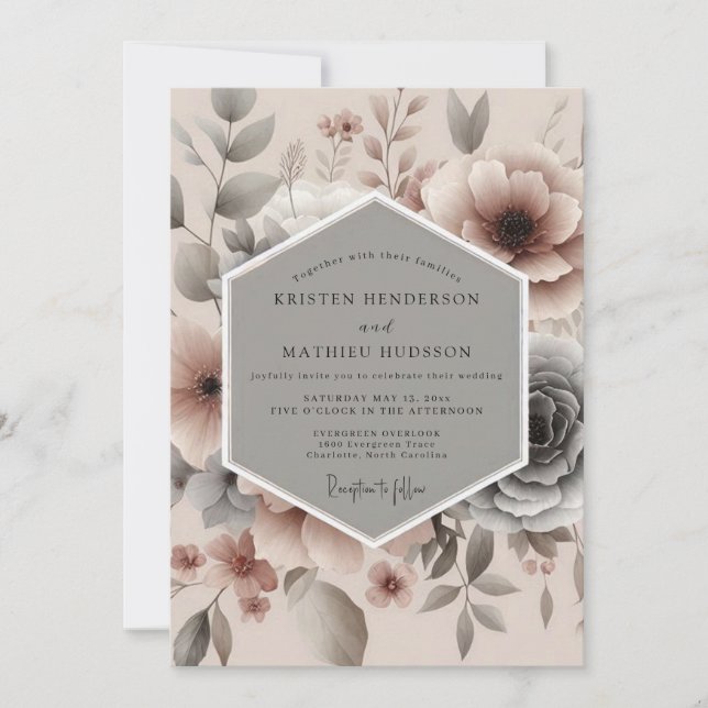 Invitación Boda Polvorienta Rosa Niebla Flor (Anverso)