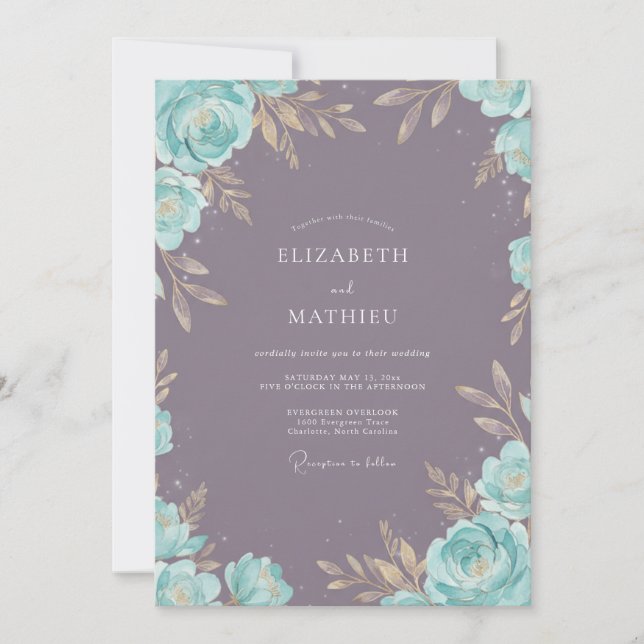 Invitación Boda Polvorienta Violeta Acuática Frondosa (Anverso)