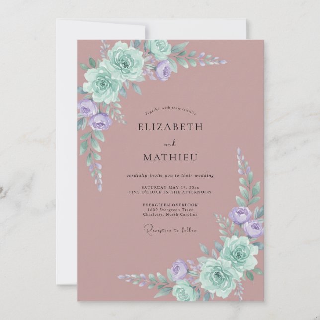 Invitación Boda Polvorienta y Silenciada de Peonía Malva (Anverso)