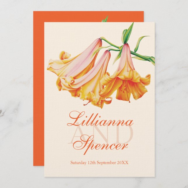 Invitación Boda poner crema anaranjado del arte de la flor de (Anverso / Reverso)