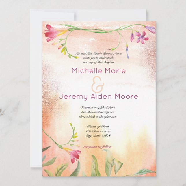 Invitación Boda pop rosado alternativo Boho Freesia (Anverso)