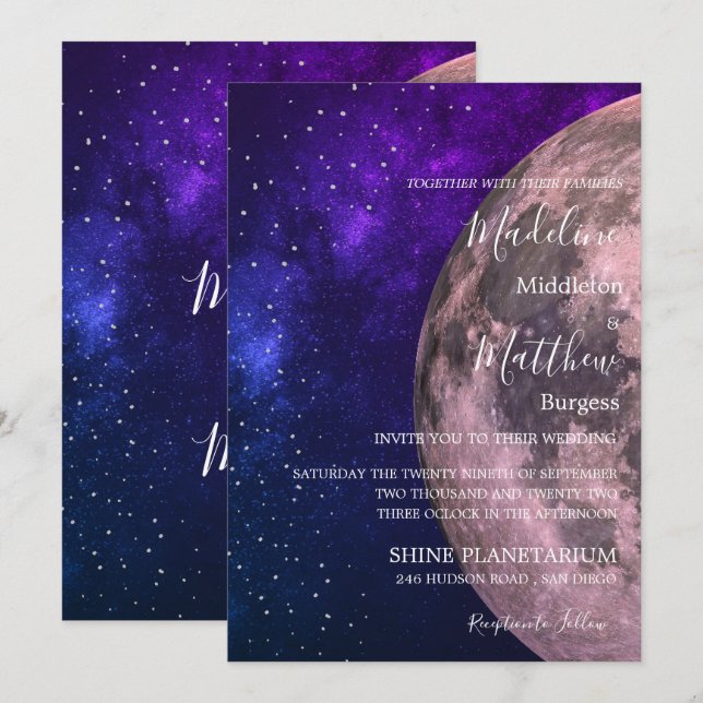 Invitación Boda Por La Noche Sky Moon Stars Purple Boda (Anverso / Reverso)