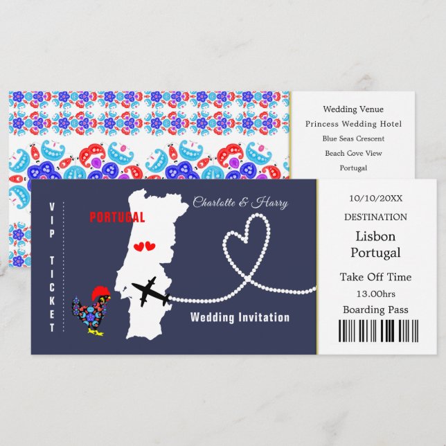 Invitación Boda Portugal del pase de embarque para entradas d (Anverso / Reverso)