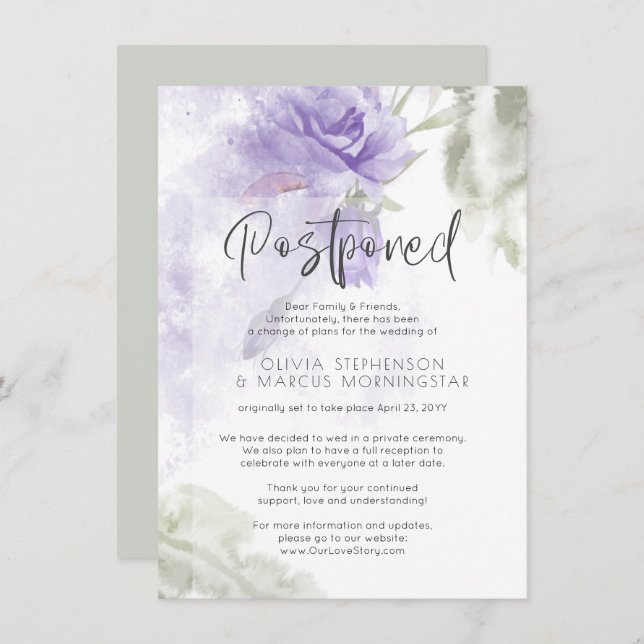 Invitación Boda pospuesta acuarela floral púrpura (Anverso / Reverso)