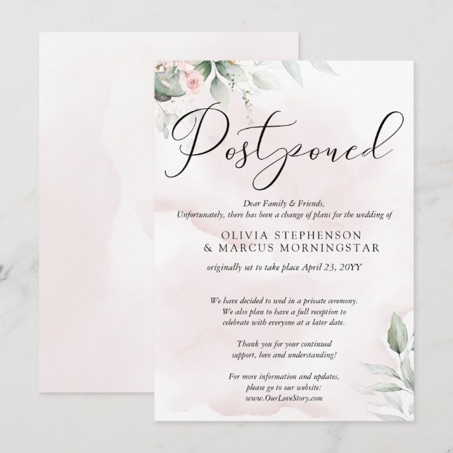 Invitación Boda pospuesta acuarela rosa pálido blush (Anverso / Reverso)