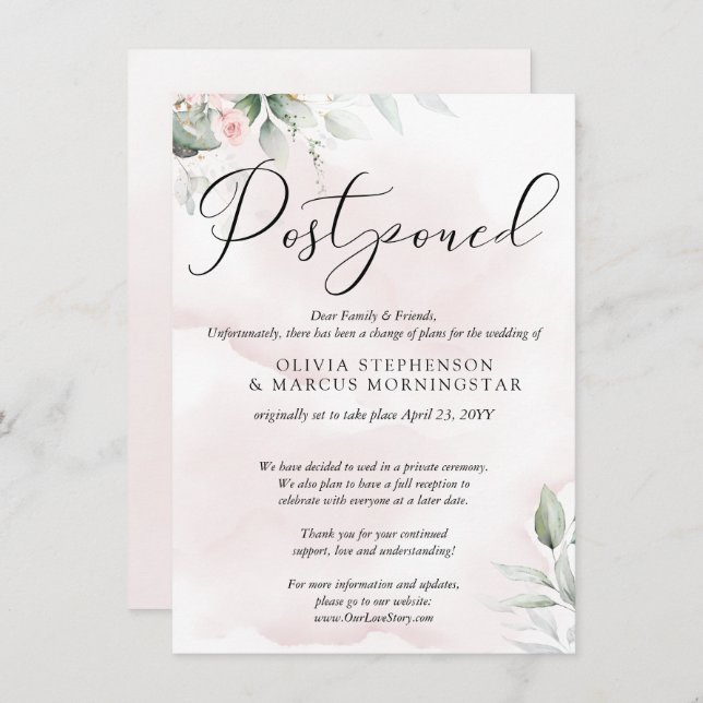 Invitación Boda pospuesta acuarela rosa pálido rubor (Anverso / Reverso)