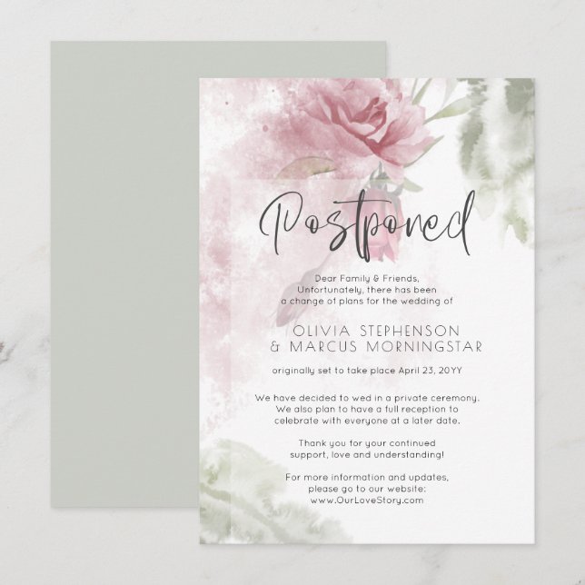 Invitación Boda pospuesta acuarela rosa polvoriento flora (Anverso / Reverso)