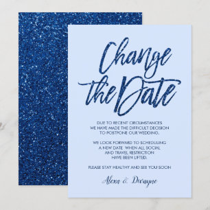 Invitación Boda pospuesta cancelada con brillo azul glamuroso