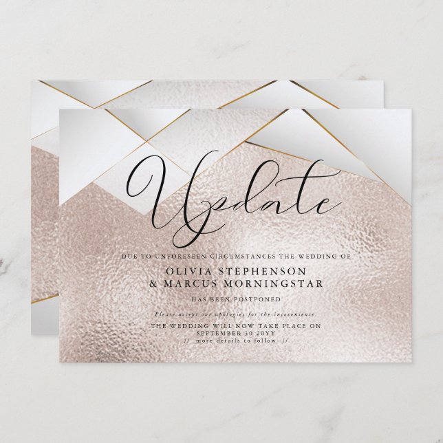 Invitación Boda pospuesta con facetas de perla en oro rosa mo (Anverso / Reverso)