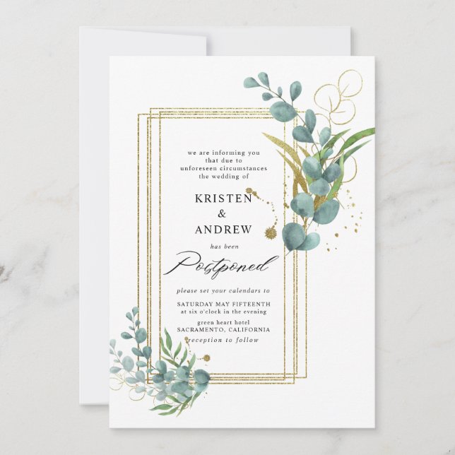 Invitación boda pospuesta de eucalipto dorado verde (Anverso)