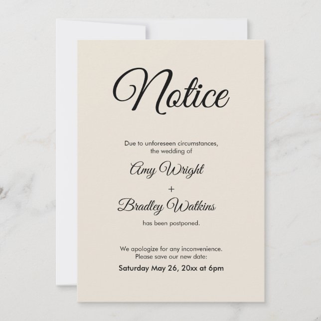 Invitación Boda pospuesta de notificación de crema (Anverso)