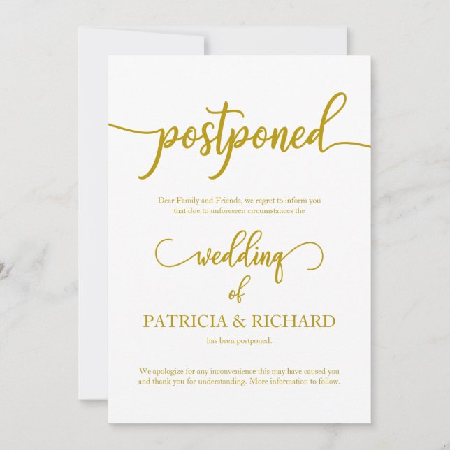 Invitación Boda pospuesta Elegante guión dorado (Anverso)