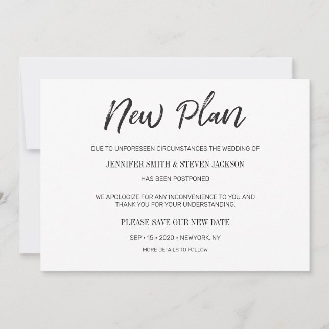 Invitación Boda pospuesta "Nuevo plan" por escrito (Anverso)