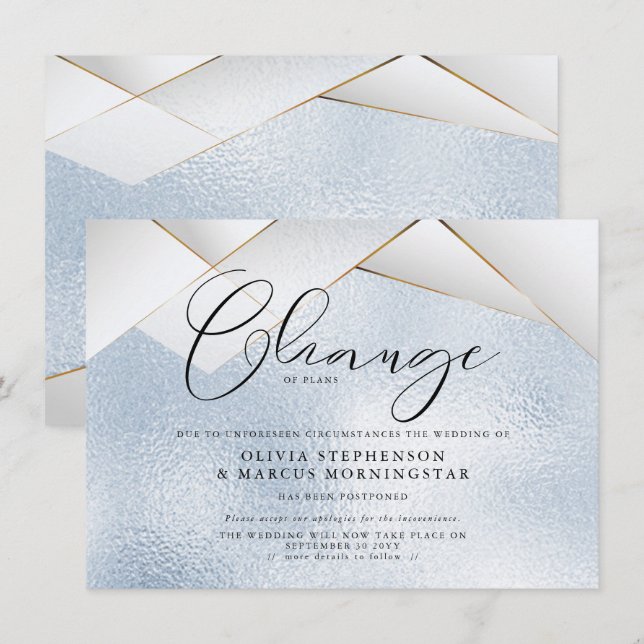 Invitación Boda pospuesta perla azul cielo Facetas (Anverso / Reverso)