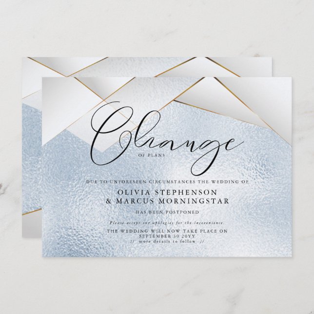 Invitación Boda pospuesta Perla Facetas Azul Cielo (Anverso / Reverso)