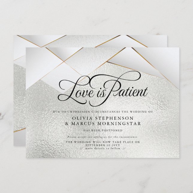 Invitación Boda pospuesta Silver Frost Gold White  Facetas (Anverso / Reverso)