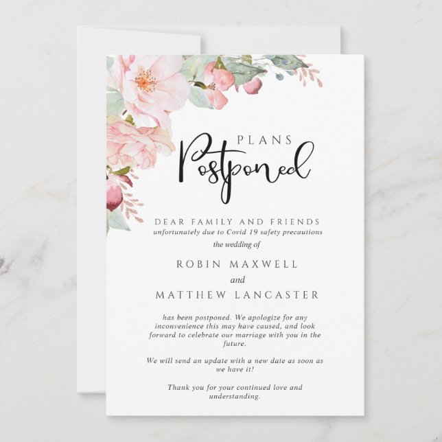 Invitación Boda pospuesto - Cancelación - Planes pospuestos (Anverso)
