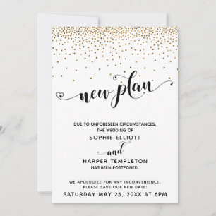 Invitación Boda pospuesto Confetti de oro y corazón nuevo pla