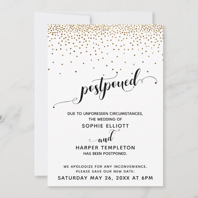 Invitación Boda pospuesto Confetti de oro y escritura del cor (Anverso)