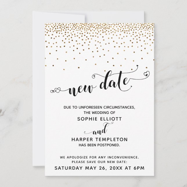 Invitación Boda pospuesto Confetti de oro y fecha nueva del c (Anverso)