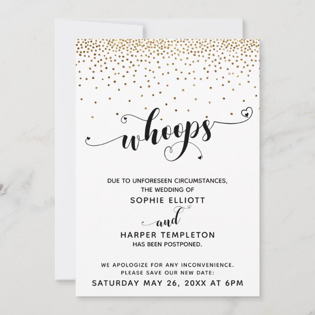 Invitación Boda pospuesto Confetti de oro y latidos del coraz (Anverso)