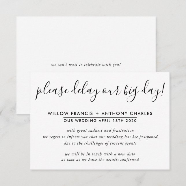 Invitación BODA POSPUESTO retrasa nuestra información simple  (Anverso / Reverso)