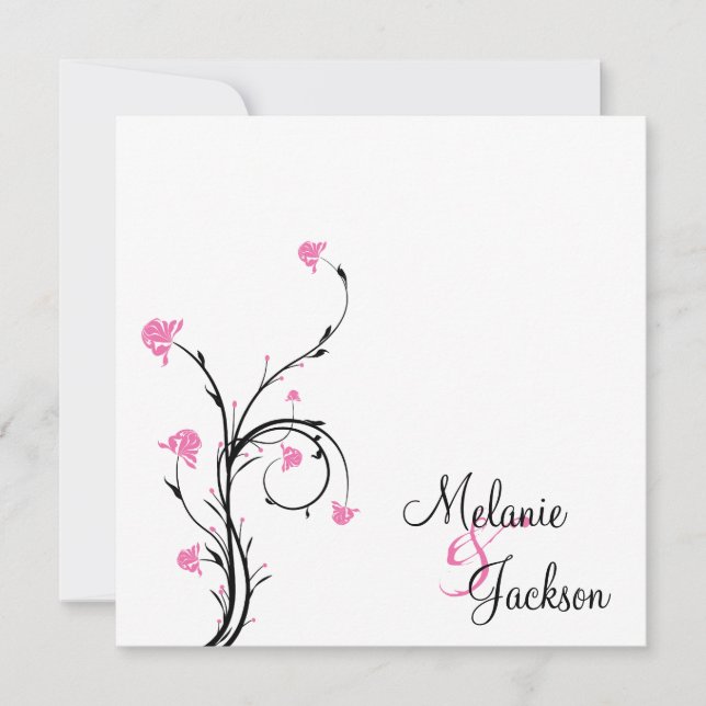 Invitación Boda Post Blanco de Swirls Floral Rosa Negro (Anverso)