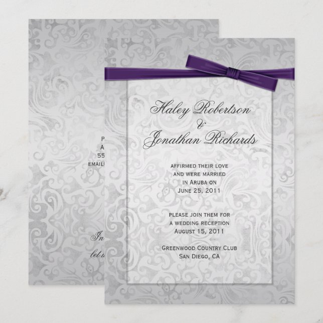 Invitación Boda Post De Cinta Púrpura De Sobreposición De Pla (Anverso / Reverso)