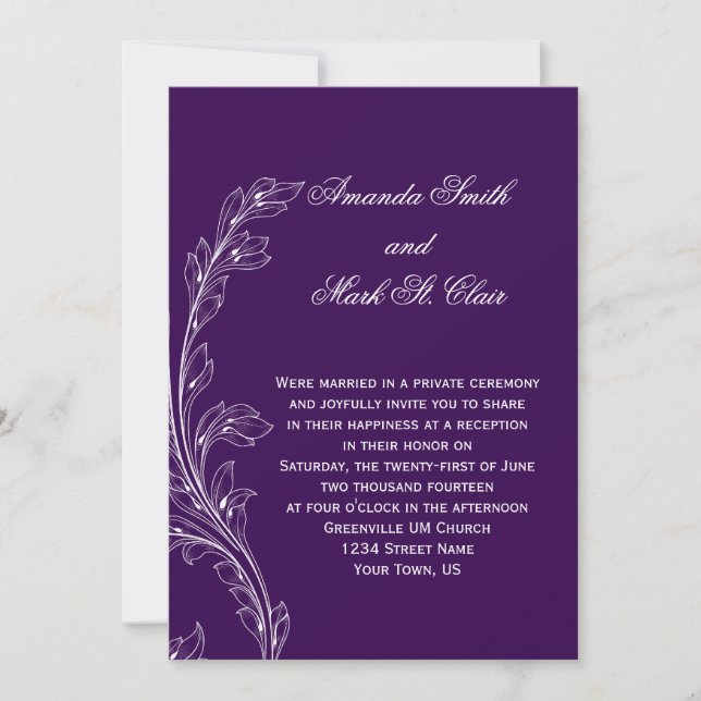 Invitación Boda Post Purple White Floral Swirls (Anverso)