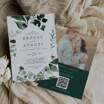 Invitación Boda posterior de código QR de Emerald Greenerener<br><div class="desc">Esta foto de esmeralda verde código QR invitando a una boda de fondo es perfecta para un boda boho. El diseño es elegante y rústico, con unas hojas de acuarela verde oscuro y un eucalipto con un toque bohemio moderno. Personaliza tu invitación con una foto de compromiso en la parte...</div>