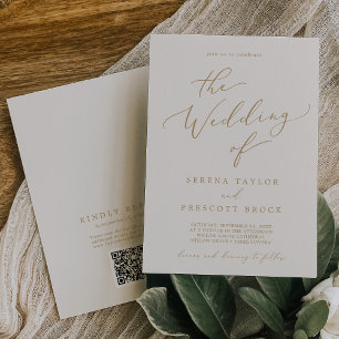 Invitación Boda posterior de código QR de oro y crema Delicad
