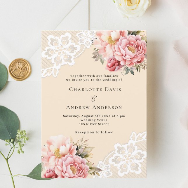 Invitación Boda premium de encaje rosado rosa rosado de floro (Subido por el creador)