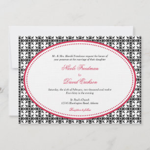 Invitación Boda preppy con platillos rojos de encaje negro