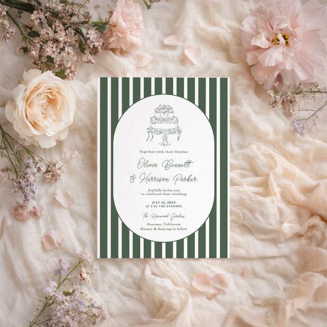 Invitación Boda Preppy de Cabana con Rayas Verde Oscuro (Subido por el creador)