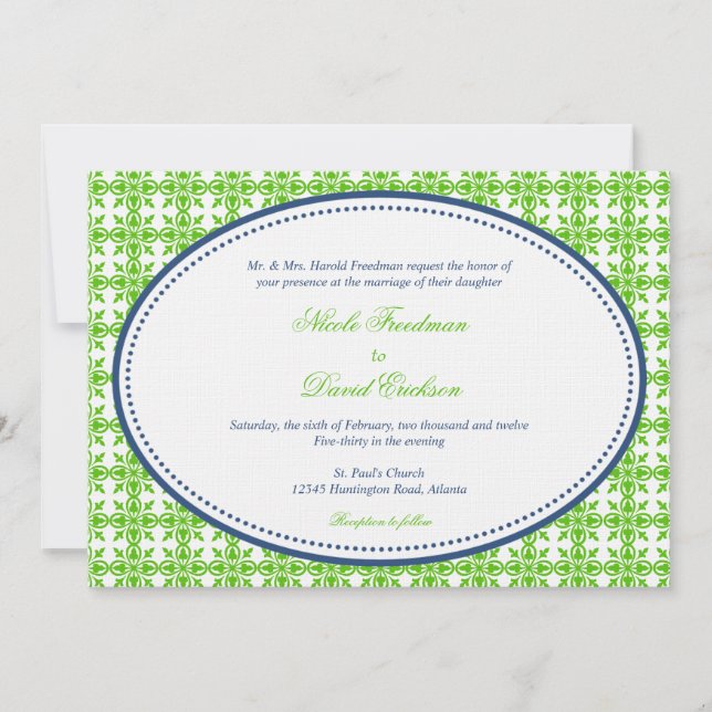 Invitación Boda preppy de oval de la marina verde de Apple (Anverso)