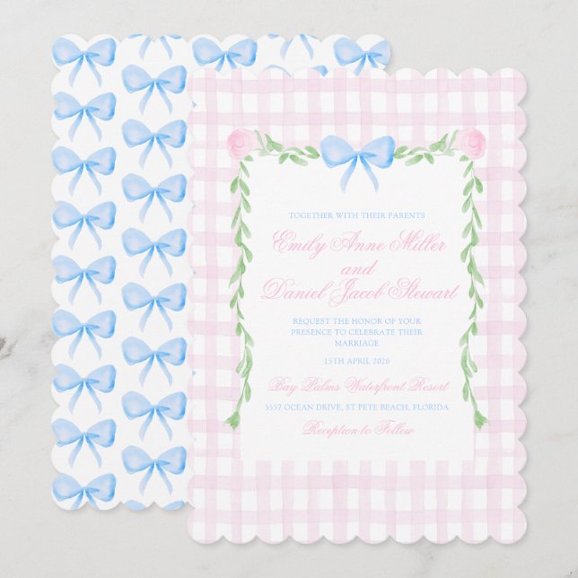 Invitación Boda Preppy Floral Watercolor Bow (Anverso / Reverso)