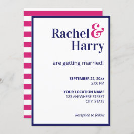Invitación Boda Preppy Naval Blue Border & Hot Pink Stripes