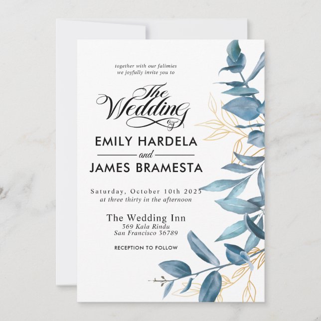 Invitación Boda Presupuestario de Grenery Watercolor Eucalypt (Anverso)