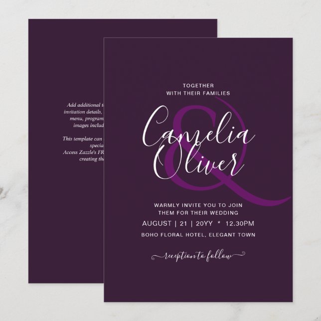 Invitación BODA PRESUPUESTARIO PLUM PURPLE Monocromo Simple (Anverso / Reverso)