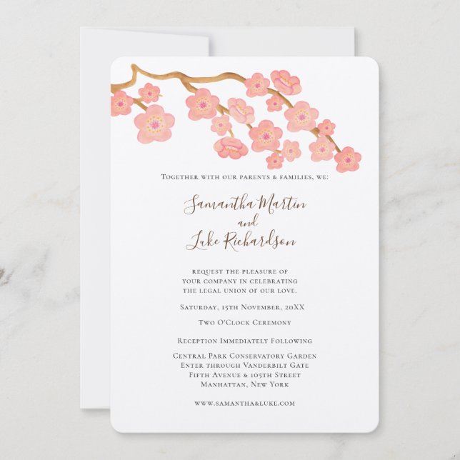 Invitación Boda Primaria Árbol de flores de cerezo Sakura (Anverso)
